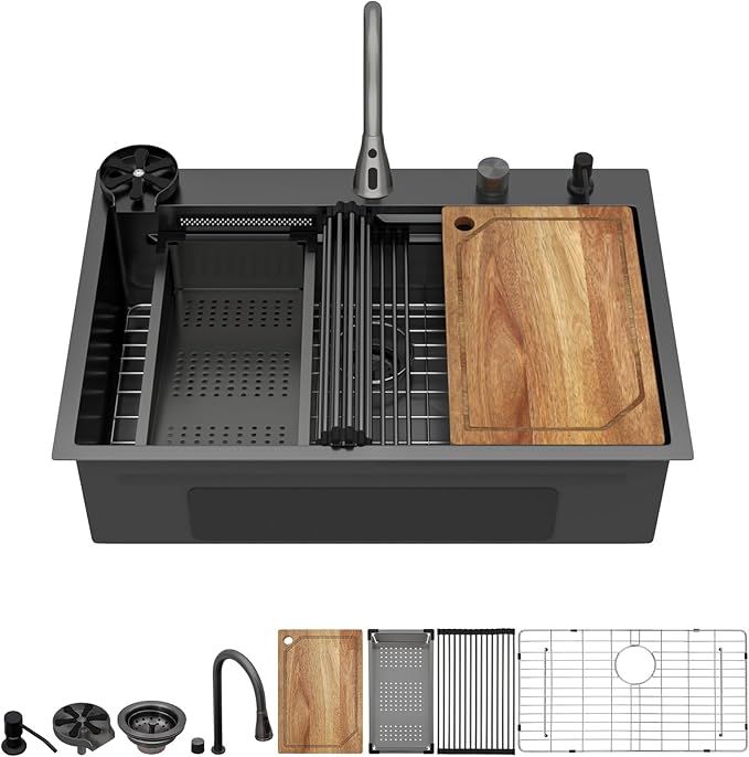 33" Drop-In Single Bowl Black Kitchen Sink with Faucet, Gunmetal Black 16 Gauge 304 Stainless Steel Workstation Sink with Cup Washer, Waterfall Outlet and Four-Hole Configuration #TLWF-0027
