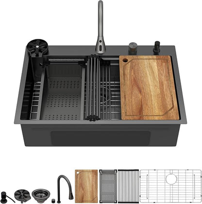 33" Drop-In Single Bowl Black Kitchen Sink with Faucet, Gunmetal Black 16 Gauge 304 Stainless Steel Workstation Sink with Cup Washer, Waterfall Outlet and Four-Hole Configuration #TLWF-0027