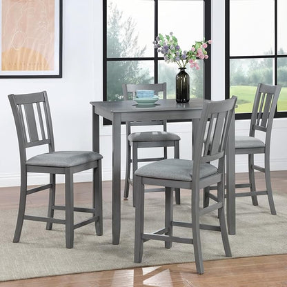 5-Piece Counter Height Solid Wood Dining Table Set for 4, Square Kitchen Table with 4 Upholstered Slatted-Back Chairs, Modern Gray Dining Set for Kitchen and Dining Room