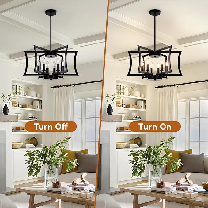 SIBRILLE 22.84" Black Metal Pendant Light, 6-Light Dining Room Light Fixture Modern Industrial Geometric Chandelier Lighting, Suitable for Villa Foyer, Kitchen Islands, and Farmhouse Living Rooms