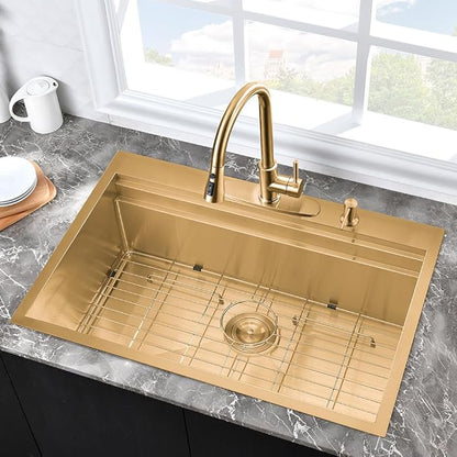 33 Inch Gold Kitchen Sink Drop In Workstation-Hovheir 33x22 Drop In Top Mount Kitchen Sink 16 Gauge Stainless Steel Single Bowl Deep Brushed Gold Sinks with Cutting Board