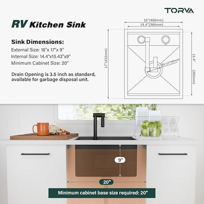 TORVA RV Kitchen Sink, 16 x 17 x 9 Inch Undermount Bar Sink 16 Gauge Stainless Steel Single Bowl Workstation Sink with Faucet Cutting Board, Dark Grey