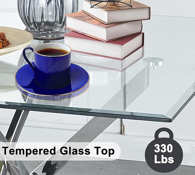 51" Glass Dining Table for 4, Contemporary Rectangular Dining Room Table with Tempered Glass Top & Silver Finish Stainless Steel Legs, Modern Kitchen Table for Home Office