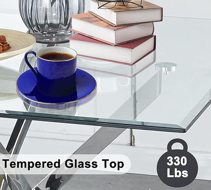 51" Glass Dining Table for 4, Contemporary Rectangular Dining Room Table with Tempered Glass Top & Silver Finish Stainless Steel Legs, Modern Kitchen Table for Home Office
