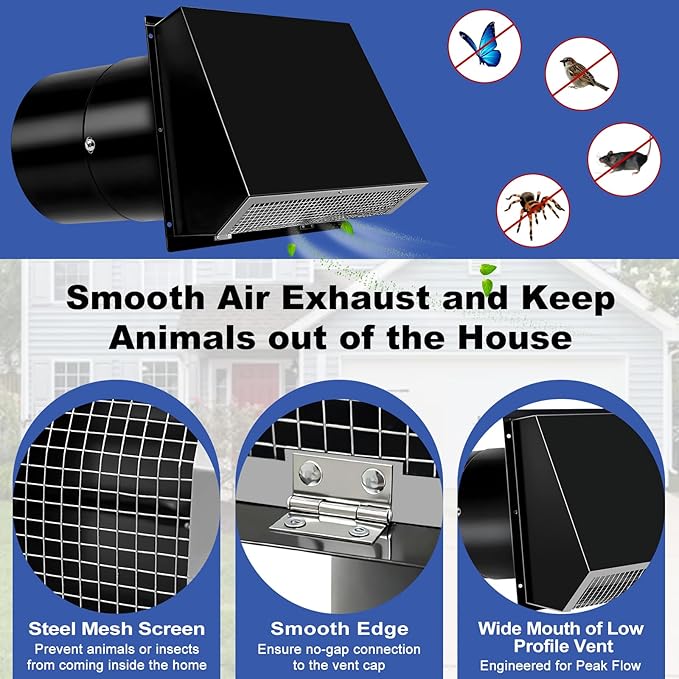 10 Inch Hooded Wall Vent with Screen and Damper, 10 Inch Range Hood Wall Vent Cap, Wall Exhaust Vent Cover, Outdoor Hooded Wall Vent for Dryer Vent, Outside Exterior Mount, Range Hood, Kitchen, Black