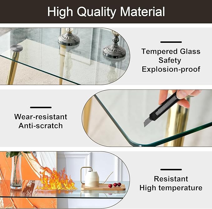 Baysitone Glass Dining Table for 4 with 63 inch Clear Rectangular Glass Top, 0.31" Modern Tempered Glass Kitchen Table Furniture with 4 Gold Plating Metal Legs for Home Dining Room
