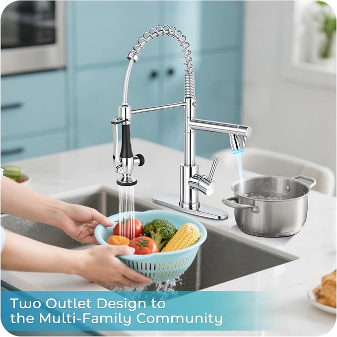 LED Kitchen Faucet with Pull Down Sprayer - Chrome Single Handle Commercial Kitchen Faucets, 2-Spout Stainless Steel Spring Pull Out Kitchen Sink Faucet 1/3 Hole with Deck Plate