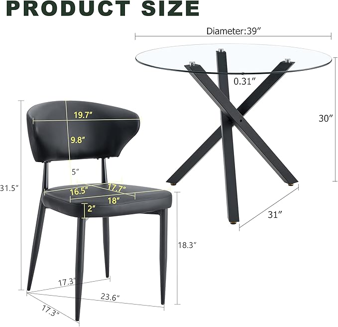 Round Glass Dining Table Set for 4 People, 31 Inch Diameter with X-Shaped Black Metal Base and Ergonomic PU Chairs, Easy to Clean Tempered Glass Top for Kitchen and Dining Room