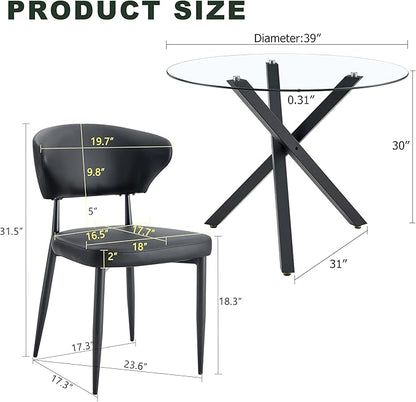 Round Glass Dining Table Set for 4 People, 31 Inch Diameter with X-Shaped Black Metal Base and Ergonomic PU Chairs, Easy to Clean Tempered Glass Top for Kitchen and Dining Room
