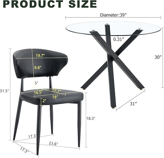Round Glass Dining Table Set for 4 People, 31 Inch Diameter with X-Shaped Black Metal Base and Ergonomic PU Chairs, Easy to Clean Tempered Glass Top for Kitchen and Dining Room