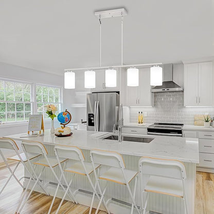 Brushed Nickel Island Lights for Kitchen, 5-Light Modern Dining Room Light Fixtures Over Table Glass Penadnt Lights Adjustable Kitchen Hanging Light Fixtures Linear Farmhouse Chandeliers Over Island