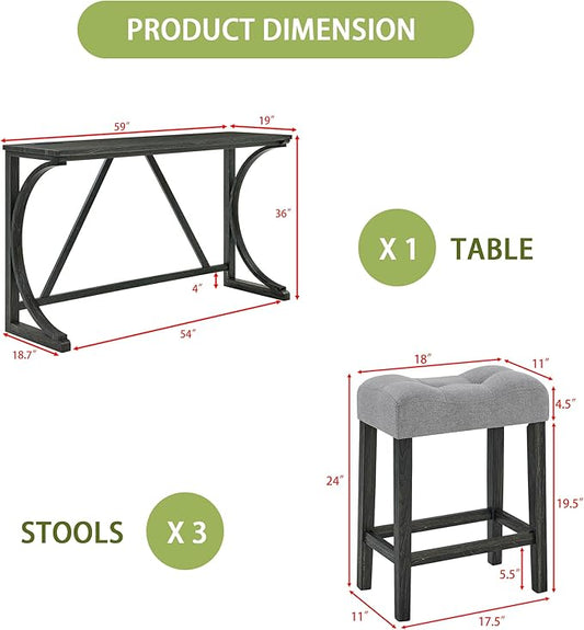 Merax 59 Inch Industrial Bar Table Set with Power Outlet, 3 Linen Upholstered Stools, Counter Height Table Set with 24 Inch Seat Height Stools for Kitchen, Living Room,Black+Light Gray