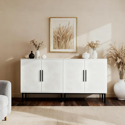 COMHOMA Sideboard Buffet Cabinet with Storage, Modern Wood Versatile Coffee Bar Console Table for Living Room Kitchen, Dining Room, Hallway，White-2 Pack