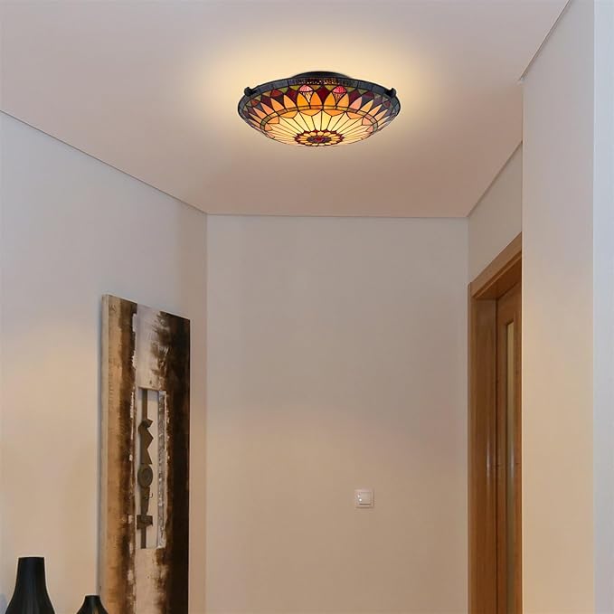 Kira Home Mateo 16" Tiffany Style Flush Mount Ceiling Light, 2-Light Hand-Crafted Art Glass Sunflower Pattern, Black Finish