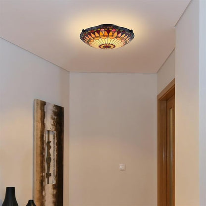 Kira Home Mateo 16" Tiffany Style Flush Mount Ceiling Light, 2-Light Hand-Crafted Art Glass Sunflower Pattern, Black Finish
