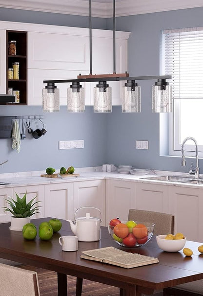 Amico Dining Room Light Fixture 5-Light Kitchen Island Lighting with Adjustable Rods, Farmhouse Decor Black Metal & Wood Chandelier with Seeded Glass Shade, Island Lights for Kitchen