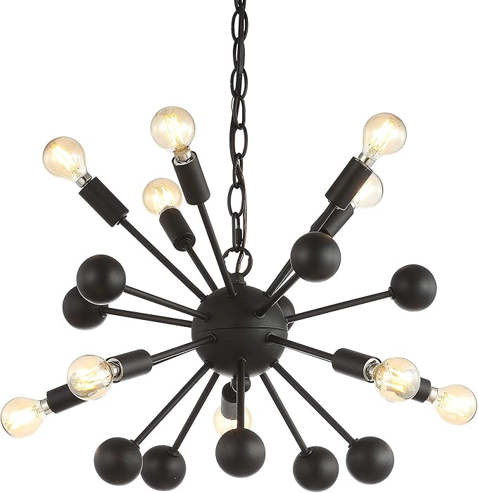JONATHAN Y 19.5" Black 10-Light Iron Sputnik Chandelier, Mid-Century Modern Industrial Adjustable Height Ceiling Fixture for Dining Room Living Room, LED Bulbs Included JYL9061A