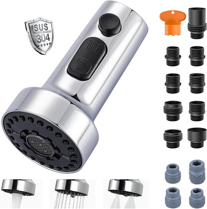 Pull Down Faucet Head Replacement: ARCORA Stainless Steel Kitchen Faucet Head with 13 Adapters - Chrome 3-Function Pull Down Spray Head Compatible with Moen, Delta, American Standard Faucets