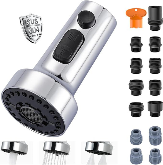 Pull Down Faucet Head Replacement: ARCORA Stainless Steel Kitchen Faucet Head with 13 Adapters - Chrome 3-Function Pull Down Spray Head Compatible with Moen, Delta, American Standard Faucets