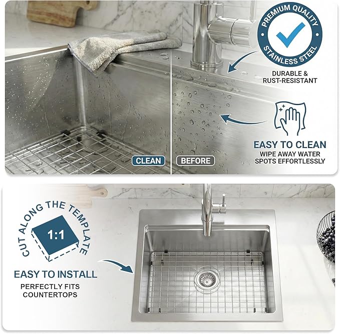 18x18 Inch Drop In Bar Sinks, Stainless Steel Top Mount Single Bowl Kitchen Prep Sink Wet Bar Laundry Outdoor RV Patio Sink with Cutting Board
