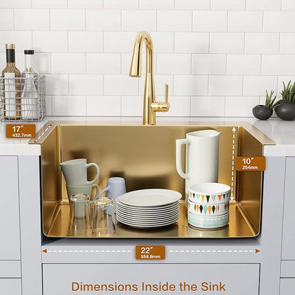 Gold Drop In Kitchen Sink 25” X 22”, 25 Inch Top Mount 16 Guage T-304S Stainless Steel Kitchen Sinks, 10 Inch Deep Single Bowl laundry Sink with Accessories