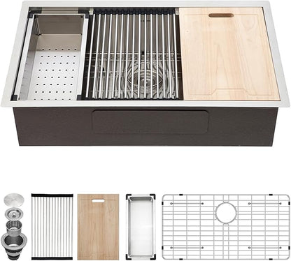 Kichae 36 Undermount Kitchen Sink- 36 x 19 Undermount Sink Ledge Workstation Stainless Steel 16 Gauge Single Bowl Round Corner Handmade with Cutting Board