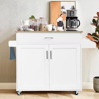 COSTWAY Kitchen Island On Wheels, Rolling Storage Trolley Cart with Large Cabinet, Drawer, Spice Rack and Towel Rack, Kitchen Serving Utility, 3-Position Adjustable Shelf (White)