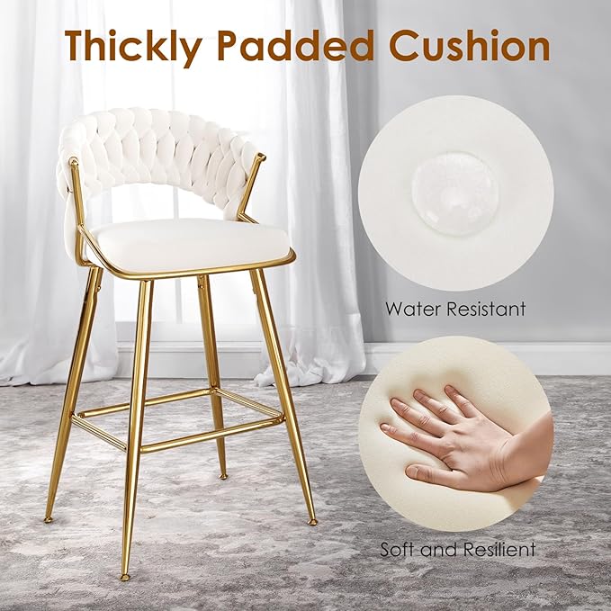 25.2" Velvet Counter Stool with Gold Accents, Ergonomic Plush Seat for Kitchen Island Bar