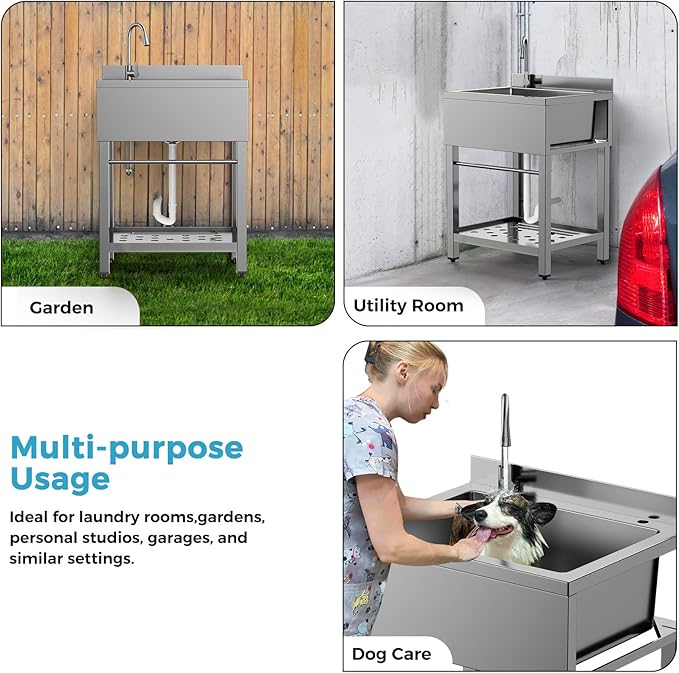 Stainless Steel Utility Sink, 25 Inch Single Bowl Kitchen Sink with Cold Hot Water Pipe Standard P-trap Drainge for Laundry Room Pet Care Farmhouse