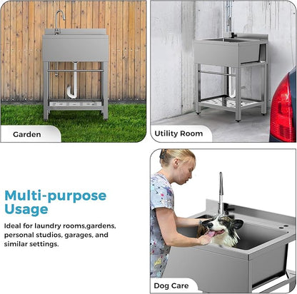 Stainless Steel Utility Sink, 25 Inch Single Bowl Kitchen Sink with Cold Hot Water Pipe Standard P-trap Drainge for Laundry Room Pet Care Farmhouse