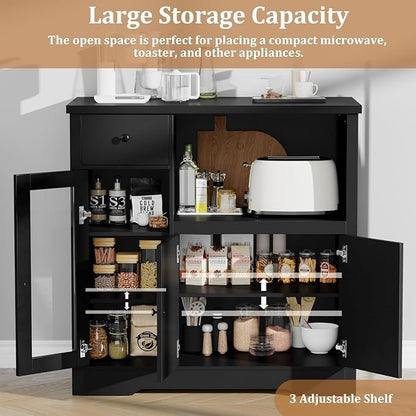 Storage Cabinet with Adjustable Shelves & Microwave Stand, Buffet Sideboard with Drawer, Single and Double Doors for Kitchen, Dining Room, Black
