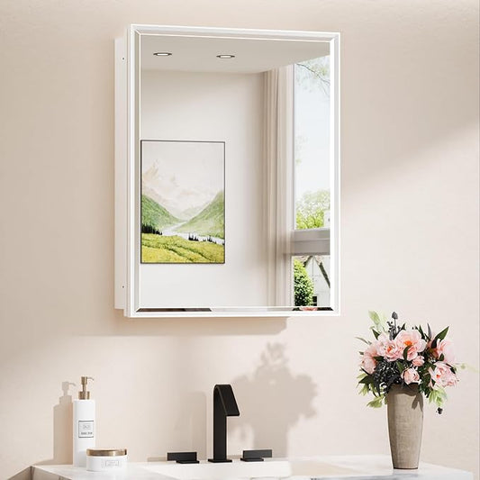 TokeShimi 20 x 26 Recessed Medicine Cabinet with Mirror Surface Mounted, Metal Beveled Mirror with Storage for Bathroom Vanity, Aluminum Alloy White Medicine Cabinet Mirrored