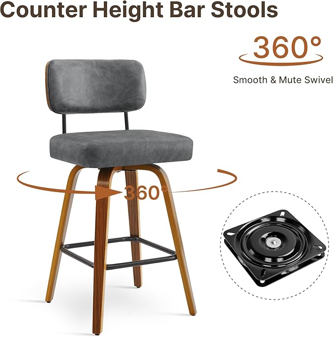 Swivel Bar Stools Set of 3, 26" Upholstered Counter Height Bar Stools with Back and Bent Walnut Wood Legs, Faux Leather Modern Barstools for Kitchen Island,Gray