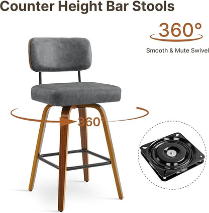 Swivel Bar Stools Set of 3, 26" Upholstered Counter Height Bar Stools with Back and Bent Walnut Wood Legs, Faux Leather Modern Barstools for Kitchen Island,Gray