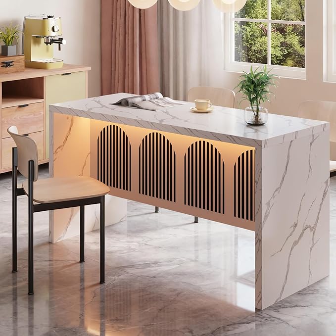 59" Large Imitation Marble Dining Table for 4-6 People - Faux Marble Dining Tablee with Adjustable Lights,Faux Marble Dining Table with Grille Design for Kitchen, Dining Room & Living Room,No Chairs