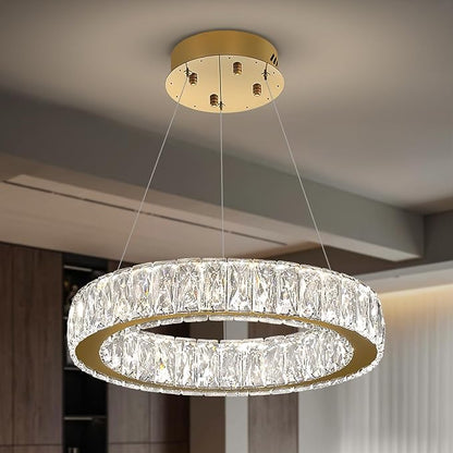 Modern LED Dimmable Crystal Chandelier 23.6" Ring Pendant Light Adjustable Gold Round Crystal Chandelier for Dining Room Living Room