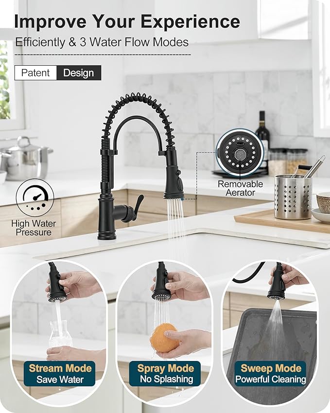 3-Function Kitchen Faucets with Pull Down Sprayer, 1 Hole or 3 Hole Kitchen Faucet Black, 1 Handle Kitchen Sink Faucets, 360 Degree Swivel Stainless Steel Faucet for Kitchen Sink with Deck Plate