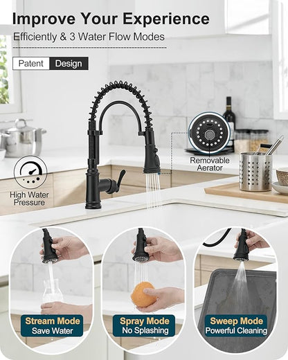3-Function Kitchen Faucets with Pull Down Sprayer, 1 Hole or 3 Hole Kitchen Faucet Black, 1 Handle Kitchen Sink Faucets, 360 Degree Swivel Stainless Steel Faucet for Kitchen Sink with Deck Plate