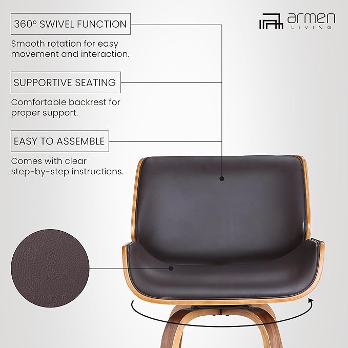 Armen Living Tyler 30" Bar Height Swivel Brown Faux Leather and Walnut Wood Bar Stool - Set of 2