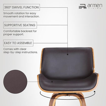 Armen Living Tyler 26" Counter Height Swivel Brown Faux Leather and Walnut Wood Bar Stool - Set of 4