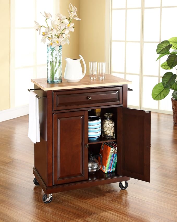 Crosley Furniture Compact Wood Top Small Rolling Cart with Shelves, Microwave Stand with Towel Rack, Mahogany