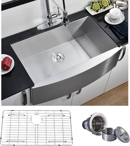 Comllen Commercial 33 Inch 304 Stainless Steel Farmhouse Sink, Single Bowl Kitchen Sinks 16 Gauge 9 Inch Deep Handmade Undermount Farm Apron Front Kitchen Sink