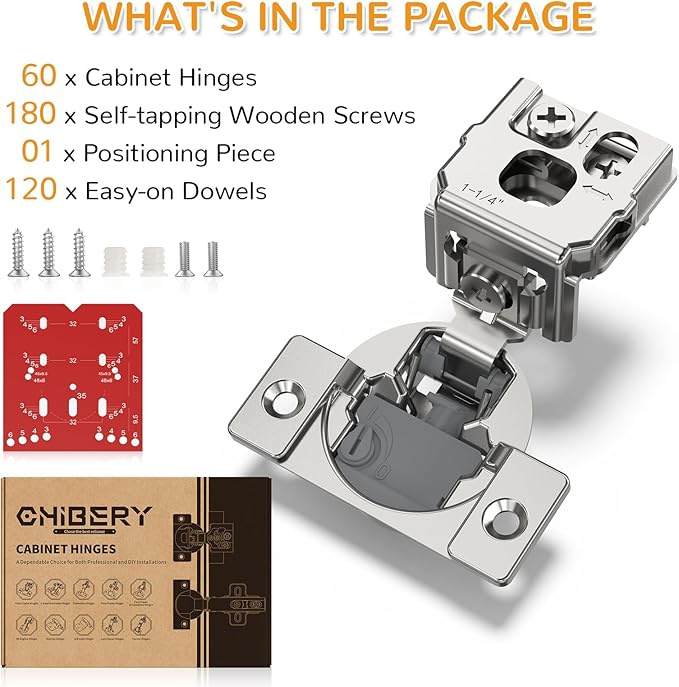 Chibery 60 Pack 1-1/4” Overlay 4D Soft Close Cabinet Hinges, Concealed Face Frame, Adjustable Closing Speed, 105° Opening Smooth Slow, Hidden Self Closing for Kitchen Corner, Cupboard (with Template)