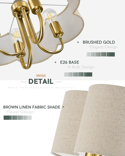 Gold Semi Flush Mount Ceiling Light, 18" 4-Light Light Fixtures Ceiling Mount with Brown Linen Petal Shade for Kitchen Nursery Entryway Hallway Bedroom, E26 Base, SM179-BG-L-6