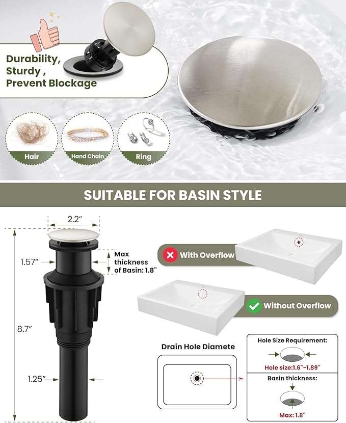 gotonovo Vessel Sink Faucet Single Handle Tall Bathroom Faucet One Hole Modern Lavatory Vanity Basin Mixer Tap Matching Supply Hoses and Pop up Drain Without Overflow, Brushed Nickel