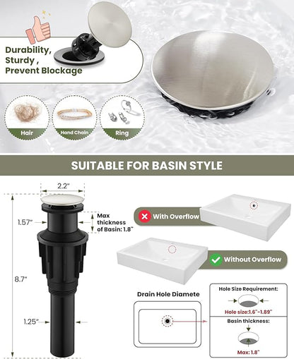 gotonovo Vessel Sink Faucet Single Handle Tall Bathroom Faucet One Hole Modern Lavatory Vanity Basin Mixer Tap Matching Supply Hoses and Pop up Drain Without Overflow, Brushed Nickel