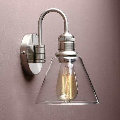 Yosoan 1-Light Brass Modern Vintage Indoor Wall Sconce, Vanity Single Luxury Hardwired Retro Textured Clear Funnel Flared Glass Shade with Industrial Curved Rod Bathroom Lamp(Brushed)
