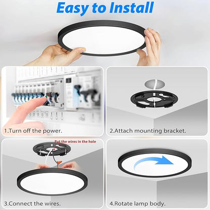 Peasur 7 inch LED Ceiling Light, 3000K/3500K/4000K/5000K/6500K Adjustable Flush Mount Light Fixture,1500LM 15W Thin Black Round Lamp for Hallway Kitchen Bathroom Bedroom, 4Pack
