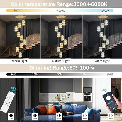 9-Lights Modern Crystal LED Dimmable for Staircase Foyer High Ceiling Chandeliers Hallway Gold