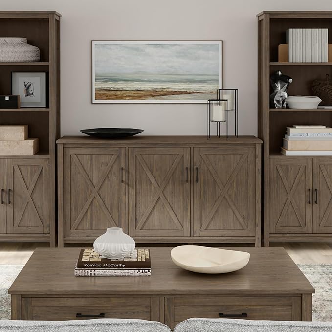 SIMPLIHOME Ela Storage Cabinet - 60 inch Wide Solid Wood 3-Shelf Wide Storage Cabinet in Smoky Brown, Transitional Accent Cabinet for Living Room or Entryway with Shaker Style Doors and Shelves